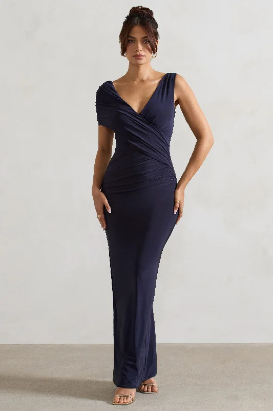 striped prom dress-Capella | Navy Asymmetric Wrap Maxi Dress