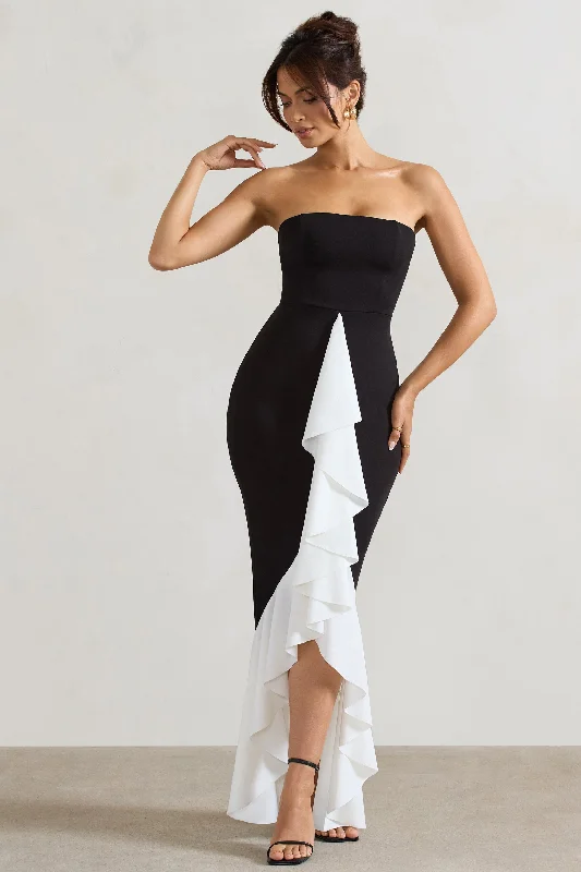 backless maxi dress-Carbonne | Black & White Bandeau Ruffled Maxi Dress