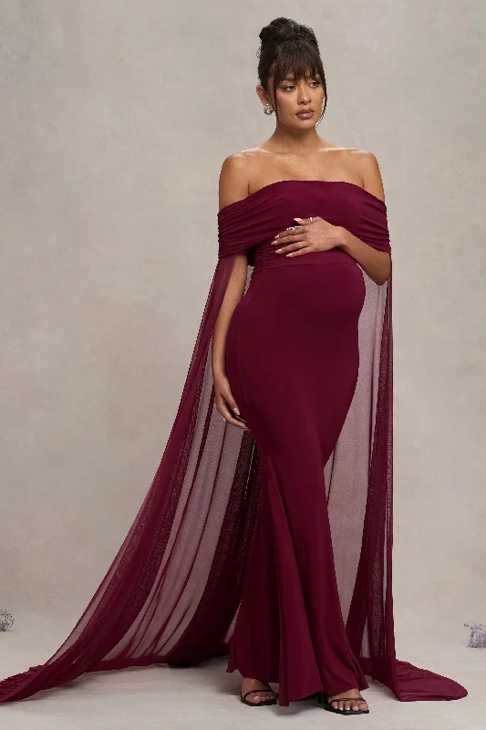 boho lace dress-Carlotta | Berry Bardot Maternity Maxi Dress With Chiffon Cape