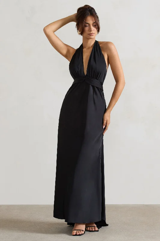 tiered boho dress-Carolyn | Black Satin Plunge Maxi Dress With Dipped Hem