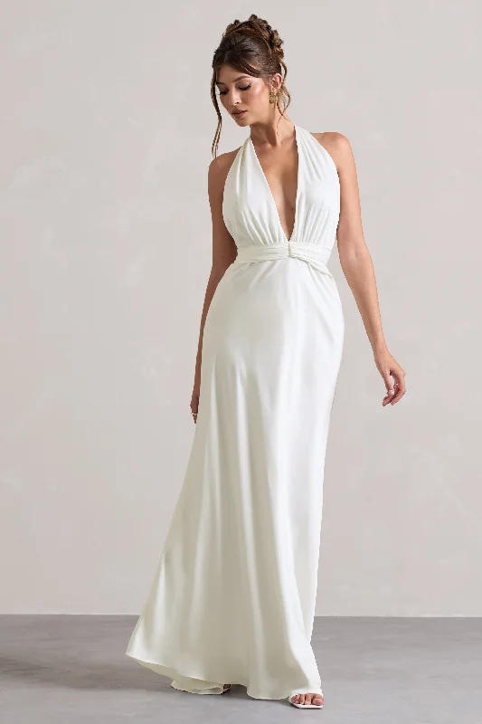 flared midi dress-Carolyn | Ivory Satin Plunge Maxi Dress With Dipped Hem