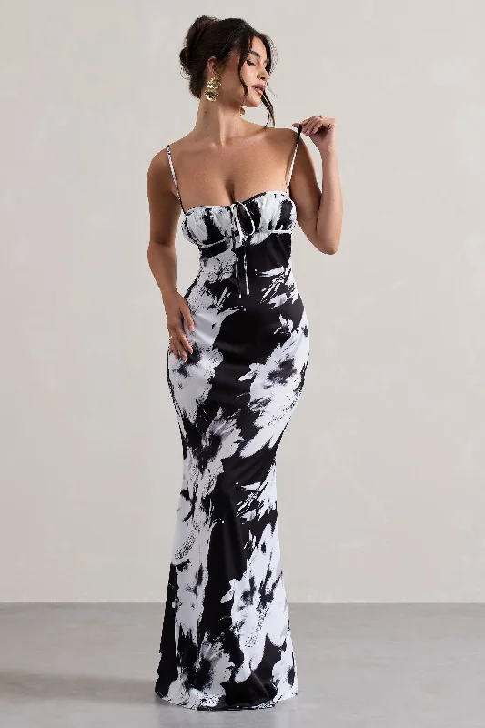 black prom dress-Casablanca | Monochrome Floral Print Satin Sweetheart Maxi Dress