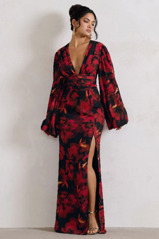 bodycon party dress-Casarile | Red Floral Print V-Neck Balloon Sleeve Maxi Dress