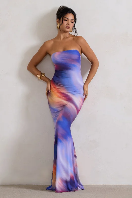 peplum evening dress-Ceremony | Abstract Print Bandeau Fishtail Maxi Dress