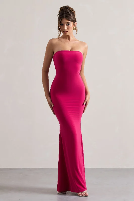 grey knit dress-Ceremony | Hot Pink Bandeau Fishtail Maxi Dress