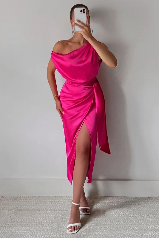 cold shoulder cocktail dress-CHARISMA MIDI DRESS - HOT PINK