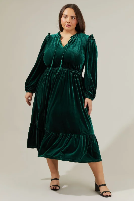 halter evening dress-Charleston Ruffle Velvet Midi Dress Curve