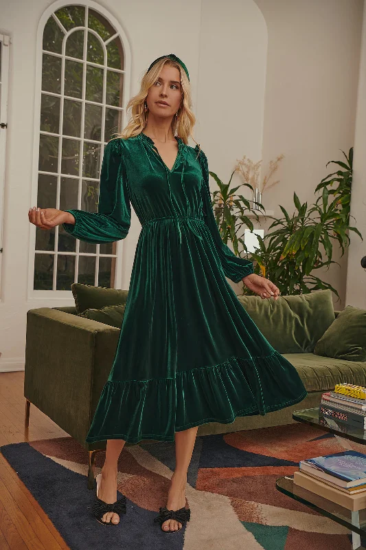 flared evening dress-Charleston Ruffle Velvet Midi Dress