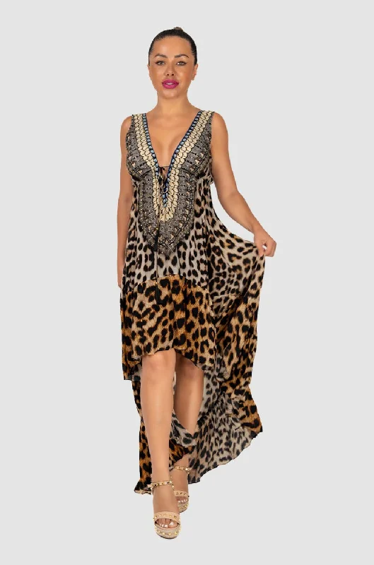 pleated cocktail dress-Cheetah Mirror HI-LO Dress