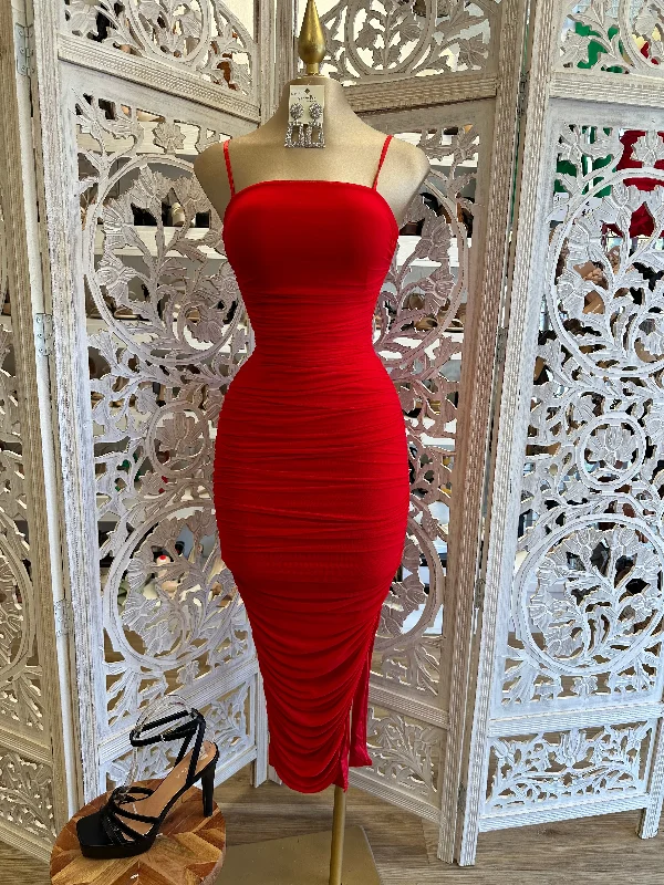 silver prom dress-Cherry Red Midi Ruched Dress