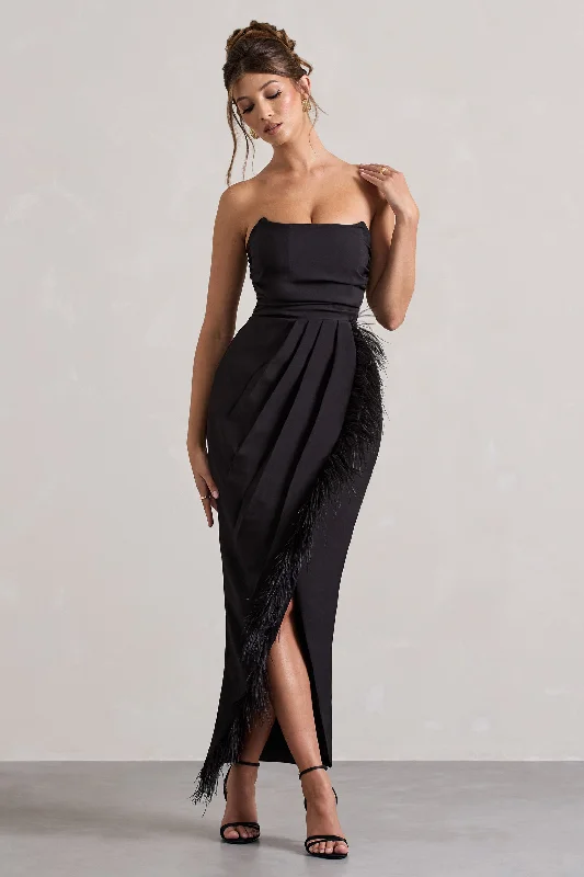 short sleeve sundress-Chosen | Black Bandeau Wrap Maxi Dress With Feather Trim