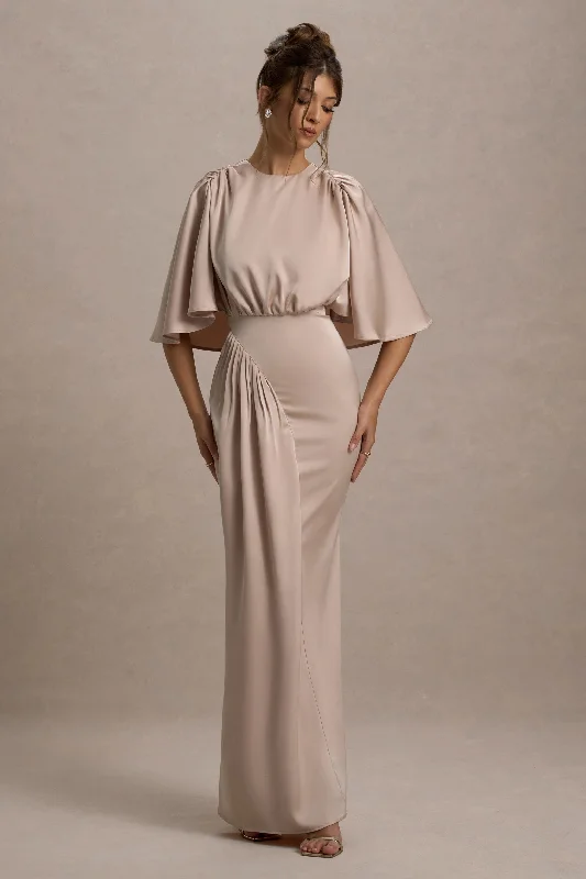 cream satin dress-Cinder | Champagne Satin Gathered Maxi Dress