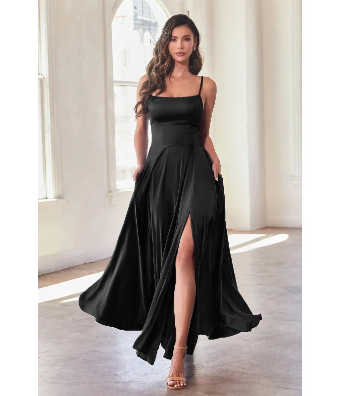 navy blue dress-Cinderella Divine Black Satin A Line Bridesmaid Dress