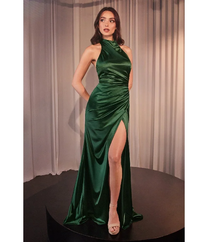 coral cocktail dress-Cinderella Divine Deep Emerald Fitted Satin Halter Bridesmaid Dress