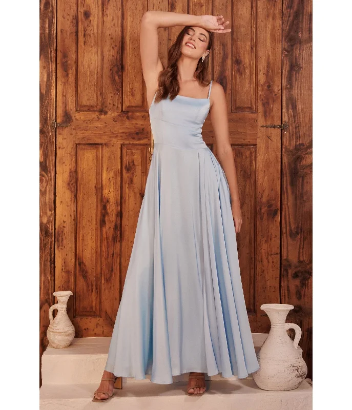 teal satin dress-Cinderella Divine Light Blue Satin A Line Bridesmaid Dress