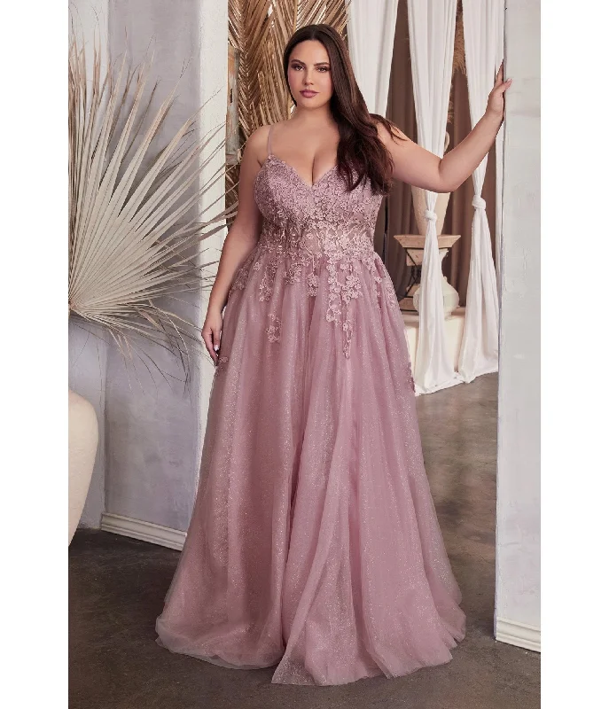 sheer sleeve dress-Cinderella Divine Plus Size Dusty Mauve A Line Lace & Tulle Bridesmaid Gown