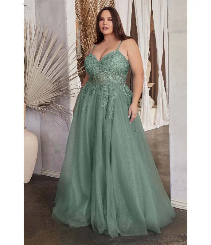 floral wrap dress-Cinderella Divine Plus Size Dusty Teal A Line Lace & Tulle Bridesmaid Gown