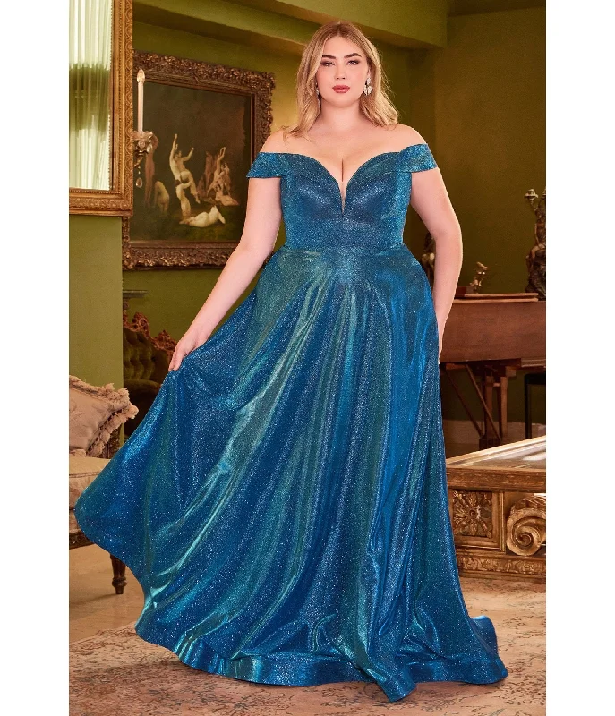 ruched bodycon dress-Cinderella Divine Plus Size Metallic Blue Off The Shoulder Bridesmaid Gown