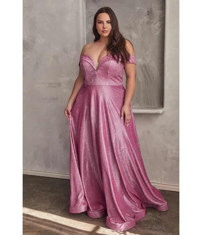 leather mini dress-Cinderella Divine Plus Size Metallic Rose Off The Shoulder Bridesmaid Gown