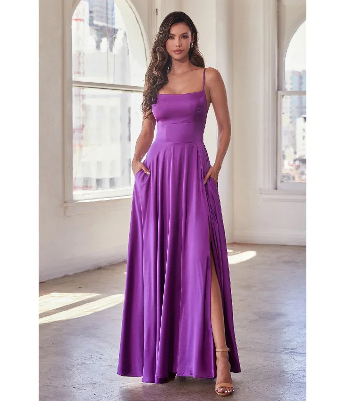 mermaid prom dress-Cinderella Divine Purple Satin A Line Bridesmaid Dress