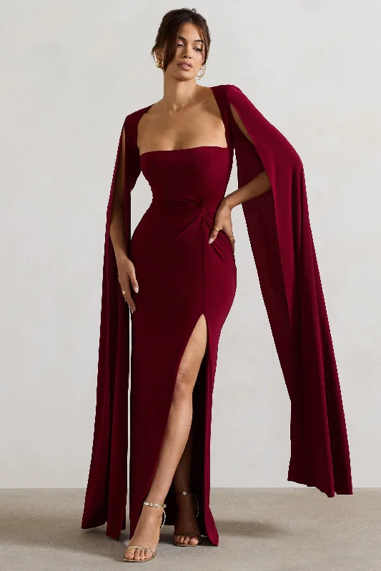 white prom dress-Claretta | Berry Square Neck Twisted Maxi Dress With Cape Sleeves