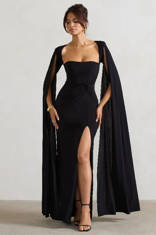 floral prom dress-Claretta | Black Square Neck Twisted Maxi Dress With Cape Sleeves