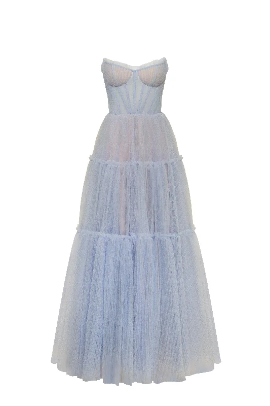 ruffled maxi dress-Cloudy blue tulle maxi dress with ruffled skirt, Garden of Eden