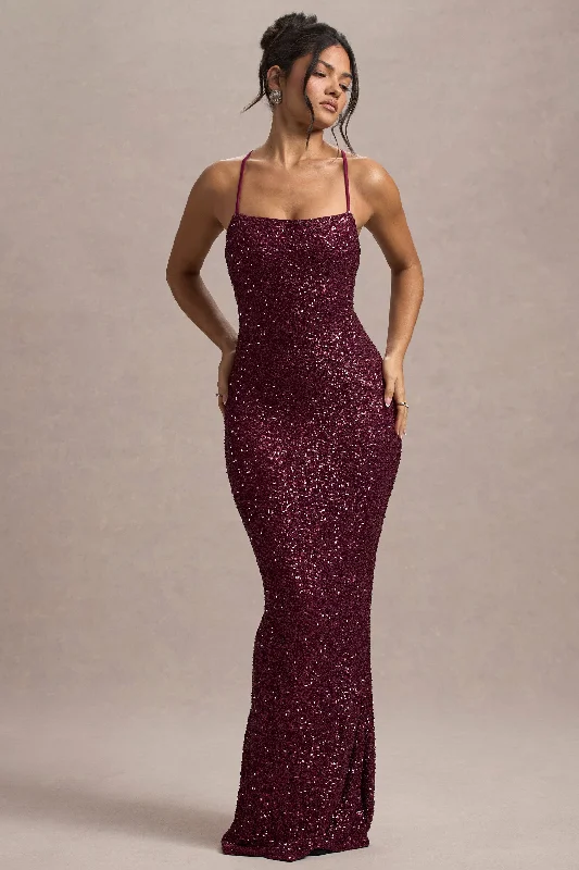 flared prom dress-Cosmic | Berry Sequin Square-Neck Strappy Maxi Dress