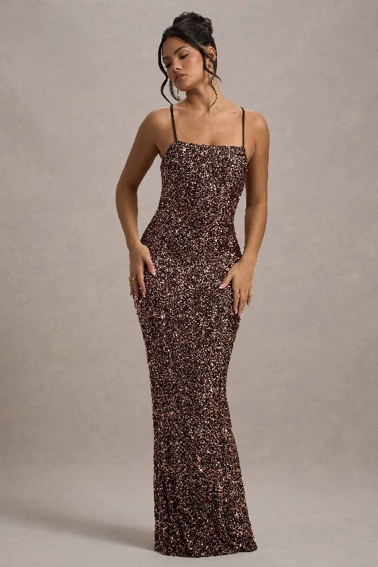 vintage prom dress-Cosmic | Bronze Sequin Square-Neck Strappy Maxi Dress