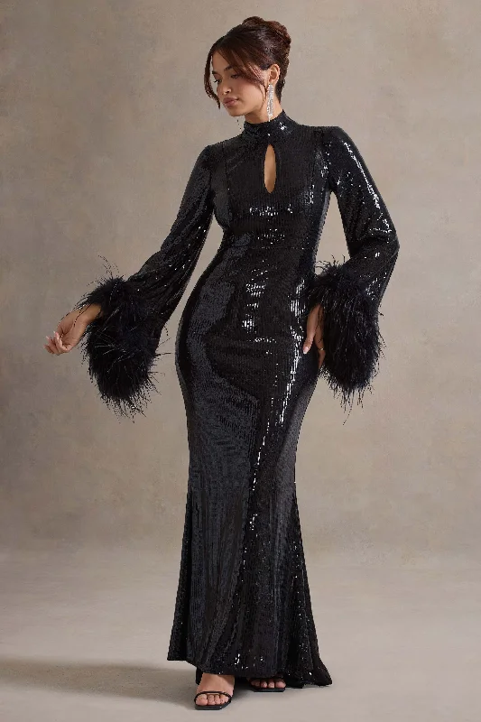 tiered cocktail dress-Cosmic Star | Black Sequin High-Neck Maxi Dress With Feather Cuffs