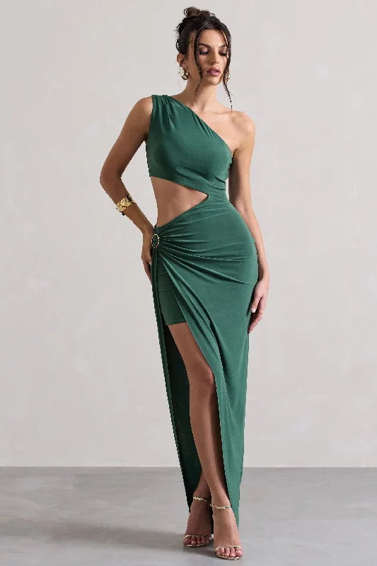 black satin dress-Costa Rica | Forest Green Asymmetric Cut-Out Split Maxi Dress