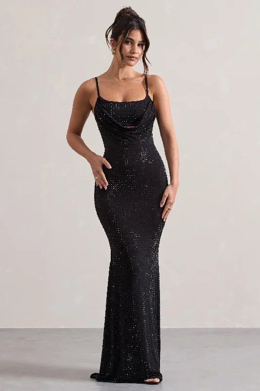 silver glitter dress-Costella | Black Embellished Strappy Cowl-Neck Maxi Dress