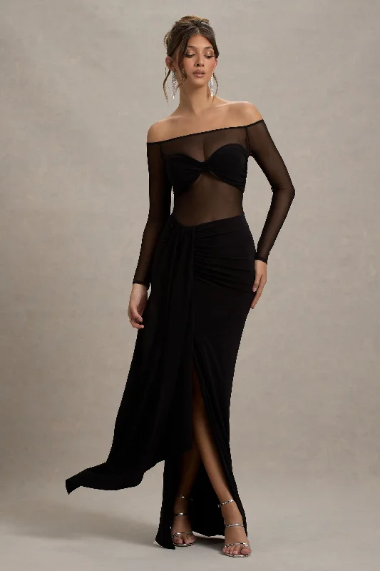 A-line summer dress-Cover Star | Black Mesh Bardot Long-Sleeve Draped Maxi Dress