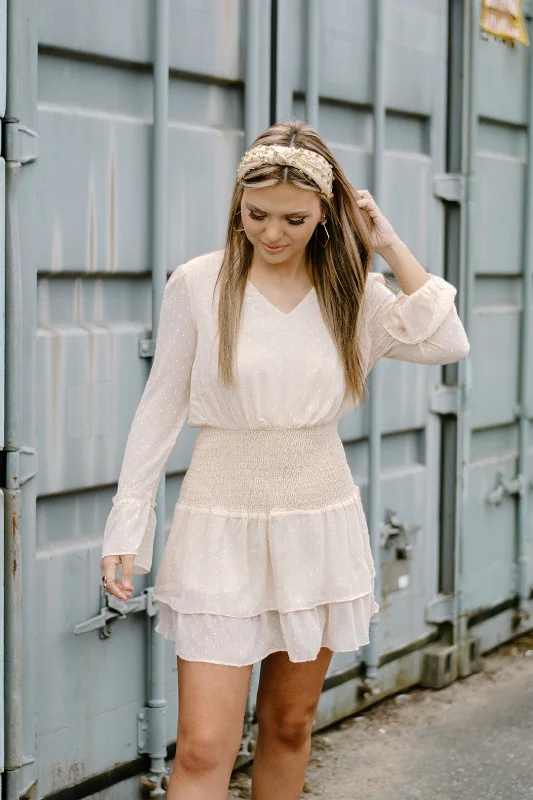 brown sundress-Cream Ruffle Long Sleeve Dress