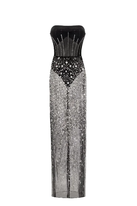 empire waist maxi dress-Crystal-covered fabulous black maxi dress