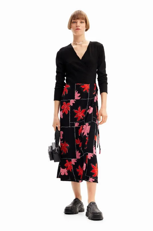 pleated skirt dress-Desigual Women's Dresses Midi Wrap V-Neck Long Sleeves