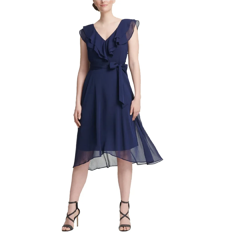 shift cocktail dress-DKNY Womens Ruffle Midi Dress, Blue, 16