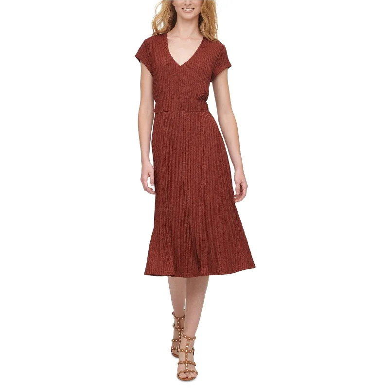 sheer sleeve dress-DKNY Womens Textured Knit A-line Midi Pleated Dress, Brown, X-Large