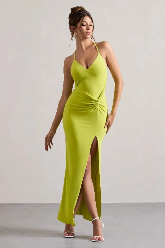 royal blue cocktail dress-Domenica | Lime Green Halter-Neck Wrap Maxi Dress