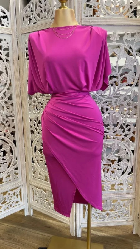 silver prom dress-Draped Magenta Midi Dress- Stretchy