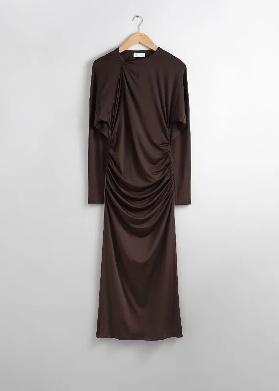 elegant midi dress-DRAPED MIDI DRESS BROWN