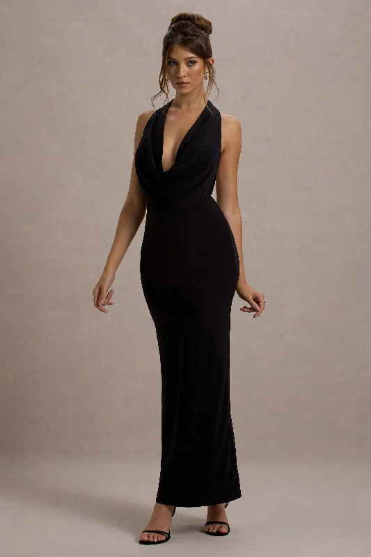 asymmetrical cocktail dress-Edessa | Black Plunge-Neck Maxi Dress