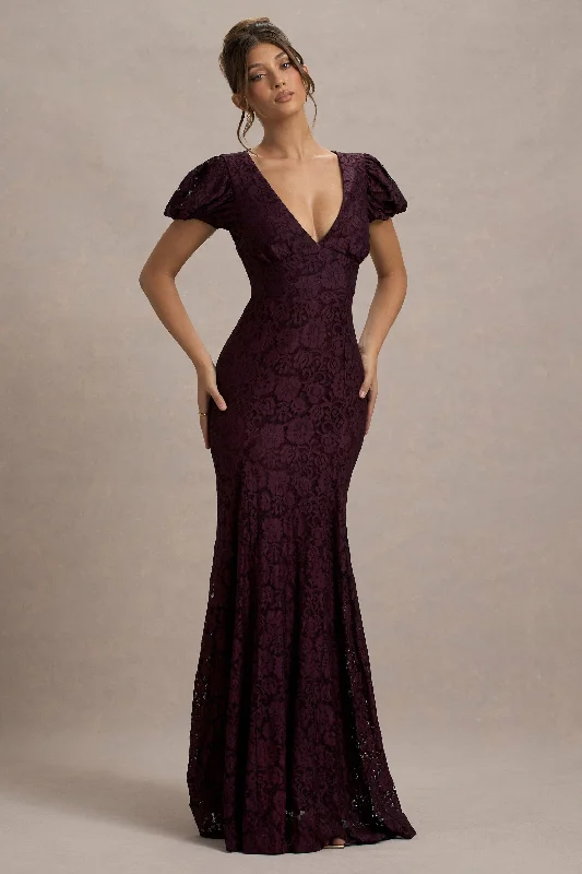 lavender evening dress-Elestria | Port Lace V-Neck Puff-Sleeve Maxi Dress