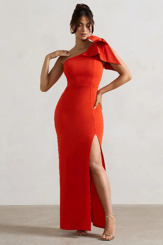 one shoulder prom dress-Elowen | Orange Asymmetric Maxi Dress With Bow