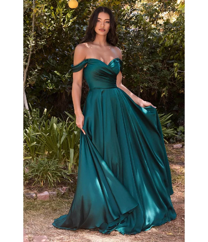 sleeveless casual dress-Cinderella Divine Emerald Satin Off The Shoulder Bridesmaid Gown