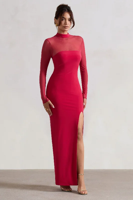 glitter cocktail dress-Enchantress | Red High-Neck Split Maxi Dress With Mesh Sleeves