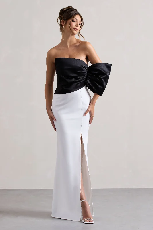 champagne cocktail dress-Envision | Black & White Asymmetric One-Sleeve Split Maxi Dress