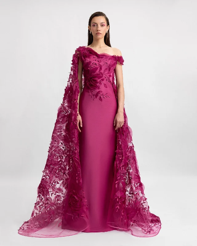 lavender prom dress-Asymmetrical Dress with Floral Cape