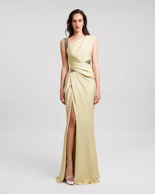 beige evening dress-Embellished Asymmetrical Neckline Dress