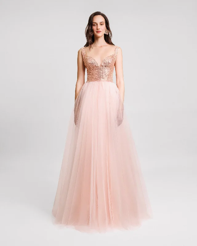 cold shoulder cocktail dress-Embellished Corseted Tulle Dress